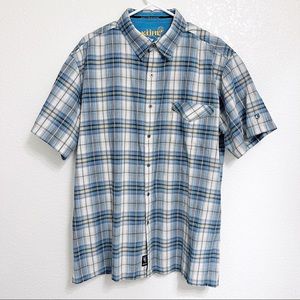 KUHL Seersucker Short Sleeve Plaid Button Down Short Sleeve Blue Yellow Men’s XL